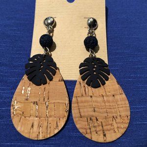 Navy Blue Leaf and Cork Oval Dangle Earrings